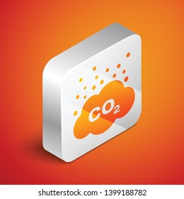 Isometric CO2 emissions in cloud icon isolated on orange background. Carbon dioxide formula symbol, smog pollution concept, environment concept. Silver square button. Vector Illustration