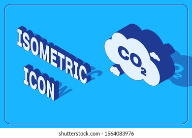 Isometric CO2 emissions in cloud icon isolated on blue background. Carbon dioxide formula symbol, smog pollution concept, environment concept.  Vector Illustration