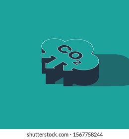 Isometric CO2 emissions in cloud icon isolated on green background. Carbon dioxide formula symbol, smog pollution concept, environment concept.  Vector Illustration