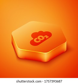 Isometric CO2 emissions in cloud icon isolated on orange background. Carbon dioxide formula, smog pollution concept, environment concept. Orange hexagon button. Vector Illustration