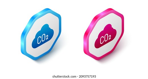 Isometric CO2 emissions in cloud icon isolated on white background. Carbon dioxide formula, smog pollution concept, environment concept. Hexagon button. Vector