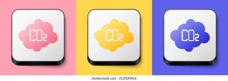 Isometric CO2 emissions in cloud icon isolated on pink, yellow and blue background. Carbon dioxide formula, smog pollution concept, environment concept. Square button. Vector