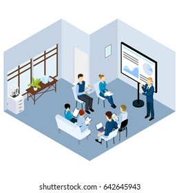 Isometric coaching characters concept with people training on business conference or seminar in office vector illustration 