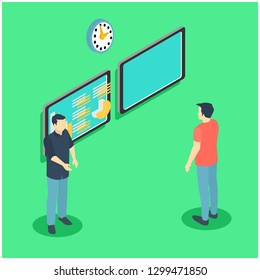 Caracteres de entrenamiento isométrico establecidos con procesos de aprendizaje de la educación de la enseñanza seminario ilustraciones vectoriales aisladas - Vector 