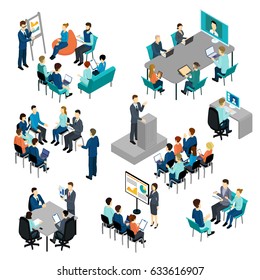 Isometric Coaching Characters Set With Learning Education Training Teaching Processes Conference Seminar Isolated Vector Illustration