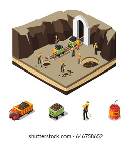 Isometric coal extraction concept of trolleys dynamite and miners with shovel pick drill working in mine isolated vector illustration