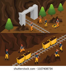 Isometric coal extraction industry horizontal banners with miners working in mine and near entrance in tunnel vector illustration