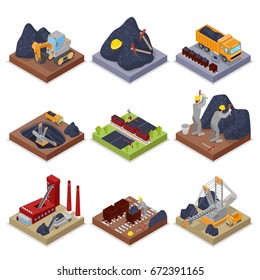 Isometric Coal Industry with Workers in Mine with Excavator, Miner and Equipment. Vector flat 3d illustration