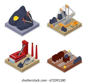 Isometric Coal Industry. Workers in Mine, Truck and Excavator. Vector flat 3d illustration