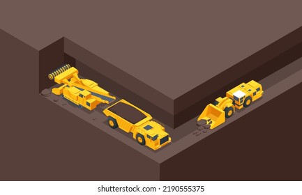 Isometric coal mining machine. Underground truck is a 20 metric tonne underground truck for small to medium-scale underground operations and development work. Trucks for haul, dump and excavation