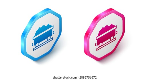 Isometric Coal train wagon icon isolated on white background. Rail transportation. Hexagon button. Vector