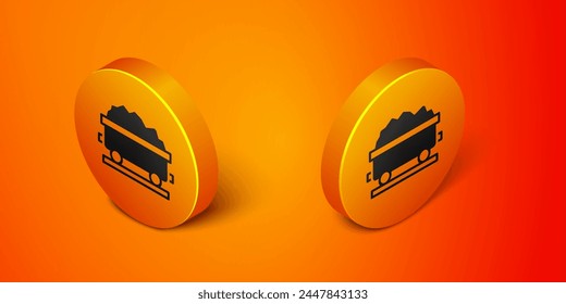 Isometric Coal train wagon icon isolated on orange background. Rail transportation. Orange circle button. Vector