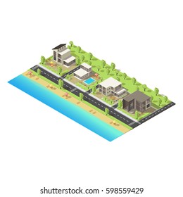 Isometric coastal suburban buildings concept with mansions of different construction road beach and park vector illustration