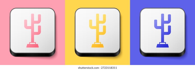 Icono de soporte de abrigo isométrico aislado sobre fondo rosa, amarillo y azul. Botón cuadrado. Vector