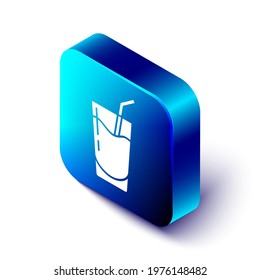 Isometric Cocktail and alcohol drink icon isolated on white background. Blue square button. Vector