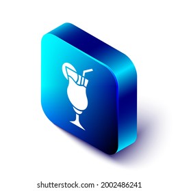 Isometric Cocktail and alcohol drink icon isolated on white background. Blue square button. Vector