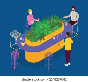 Isometric cocktail bar space with talking people. Vector illustration flat design isolated. Male and female characters. Drink, beverage, meeting, friends.