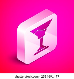 Isometric Cocktail icon isolated on pink background. Silver square button. Vector