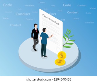 Isometric Code Of Conduct Concept With Business Man Standing Together On Front Of Text And Reading - Vector Illustration