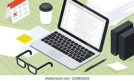 Isometric coding illustration. Laptop with code, calendar, glasses, coffee, pencil, sticky note and paper. Learning coding languages, remote freelance work and programming concept. 