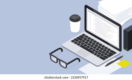 Isometric coding illustration. Laptop with code, clocks, glasses, coffee, pencil, sticky note and paper. Learning coding languages, remote freelance work and programming concept with copy space. 