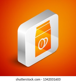 Isometric Coffee beans in bag icon isolated on orange background. Silver square button. Vector Illustration