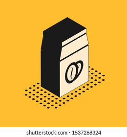 Isometric Coffee beans in bag icon isolated on yellow background.  Vector Illustration