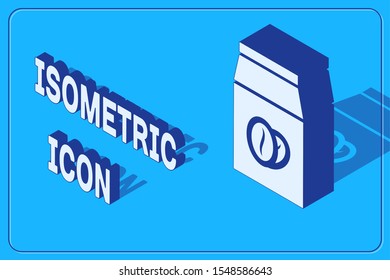 Isometric Coffee beans in bag icon isolated on blue background.  Vector Illustration