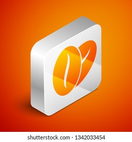 Isometric Coffee beans icon isolated on orange background. Silver square button. Vector Illustration