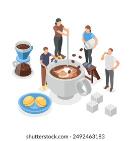 Isometric coffee break. Team doing cup of coffee, americano with cream or espresso, cappuccino latte. Energy breakfast drink, flawless vector concept