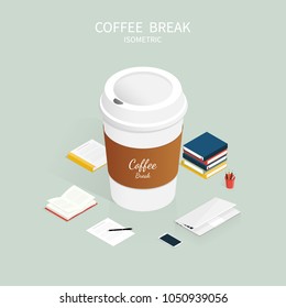 isometric coffee break,cup of coffee cafe vector