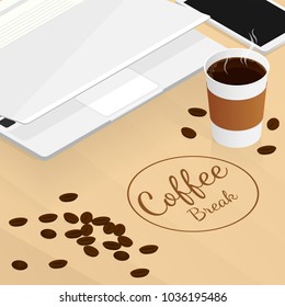 isometric coffee break,cup of coffee on table cafe vector
