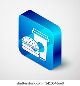 Isometric Coffee and burger icon isolated on white background. Fast food symbol. Blue square button. Vector Illustration