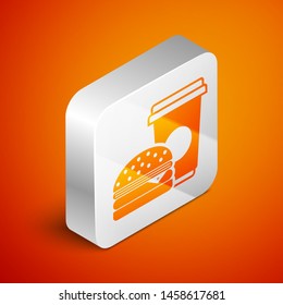 Isometric Coffee and burger icon isolated on orange background. Fast food symbol. Silver square button. Vector Illustration