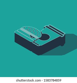 Isometric Coffee and burger icon isolated on green background. Fast food symbol.  Vector Illustration