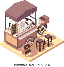 isometric coffee cart. Coffee bicycle, vector illustration, street food