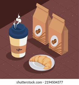 isometric coffee cartel with coffee bags and croissant