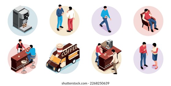 Isometric coffee composition set coffee machine customers barista truck and coffee break vector illustration