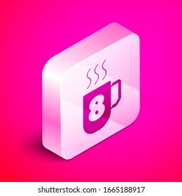Isometric Coffee cup with 8 March icon isolated on pink background. Tea cup. Hot drink coffee. International Happy Women Day. Silver square button. Vector Illustration