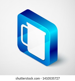 Isometric Coffee cup flat icon isolated on white background. Tea cup. Hot drink coffee. Blue square button. Vector Illustration