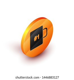 Isometric Coffee cup flat icon isolated on white background. Tea cup. Hot drink coffee. Orange circle button. Vector Illustration