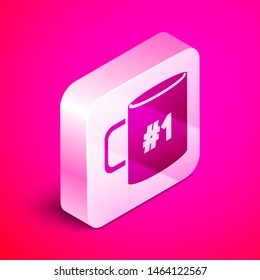 Isometric Coffee cup flat icon isolated on pink background. Tea cup. Hot drink coffee. Silver square button. Vector Illustration
