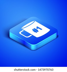 Isometric Coffee cup flat icon isolated on blue background. Tea cup. Hot drink coffee. Blue square button. Vector Illustration