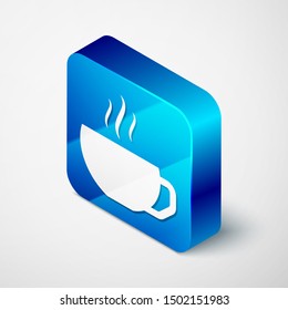 Isometric Coffee cup flat icon isolated on white background. Tea cup. Hot drink coffee. Blue square button. Vector Illustration