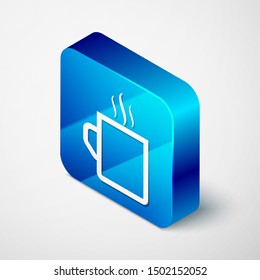 Isometric Coffee cup flat icon isolated on white background. Tea cup. Hot drink coffee. Blue square button. Vector Illustration