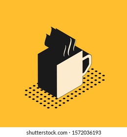 Isometric Coffee cup flat icon isolated on yellow background. Tea cup. Hot drink coffee.  Vector Illustration