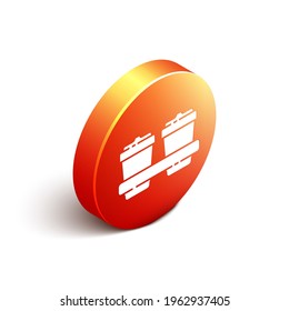 Isometric Coffee cup to go icon isolated on white background. Orange circle button. Vector Illustration