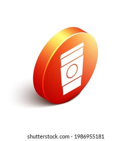 Isometric Coffee cup to go icon isolated on white background. Orange circle button. Vector Illustration