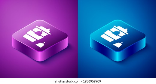 Isometric Coffee cup to go icon isolated on blue and purple background. Square button. Vector
