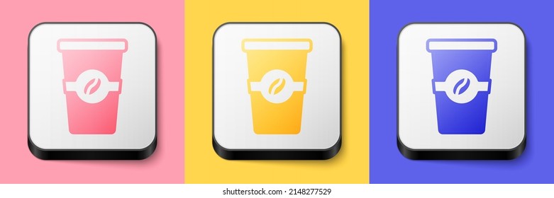 Isometric Coffee cup to go icon aislado en fondo rosa, amarillo y azul. Botón cuadrado. Vector